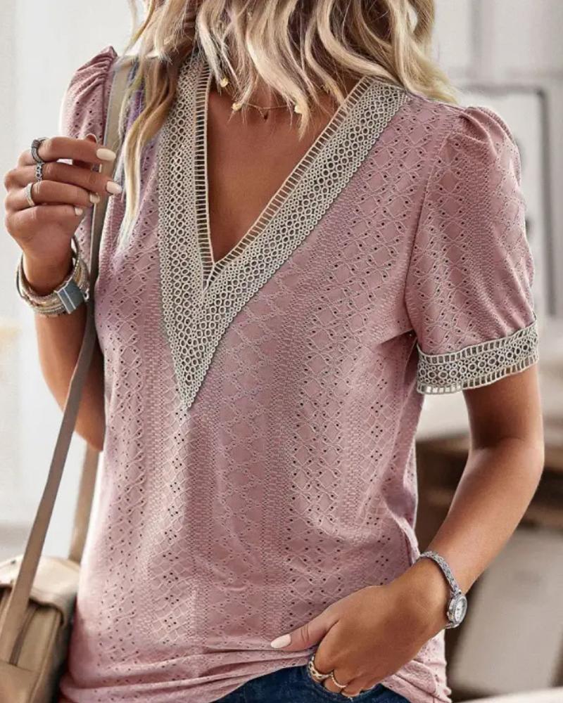 

Eyelet Embroidery Contrast Lace Top, Pink