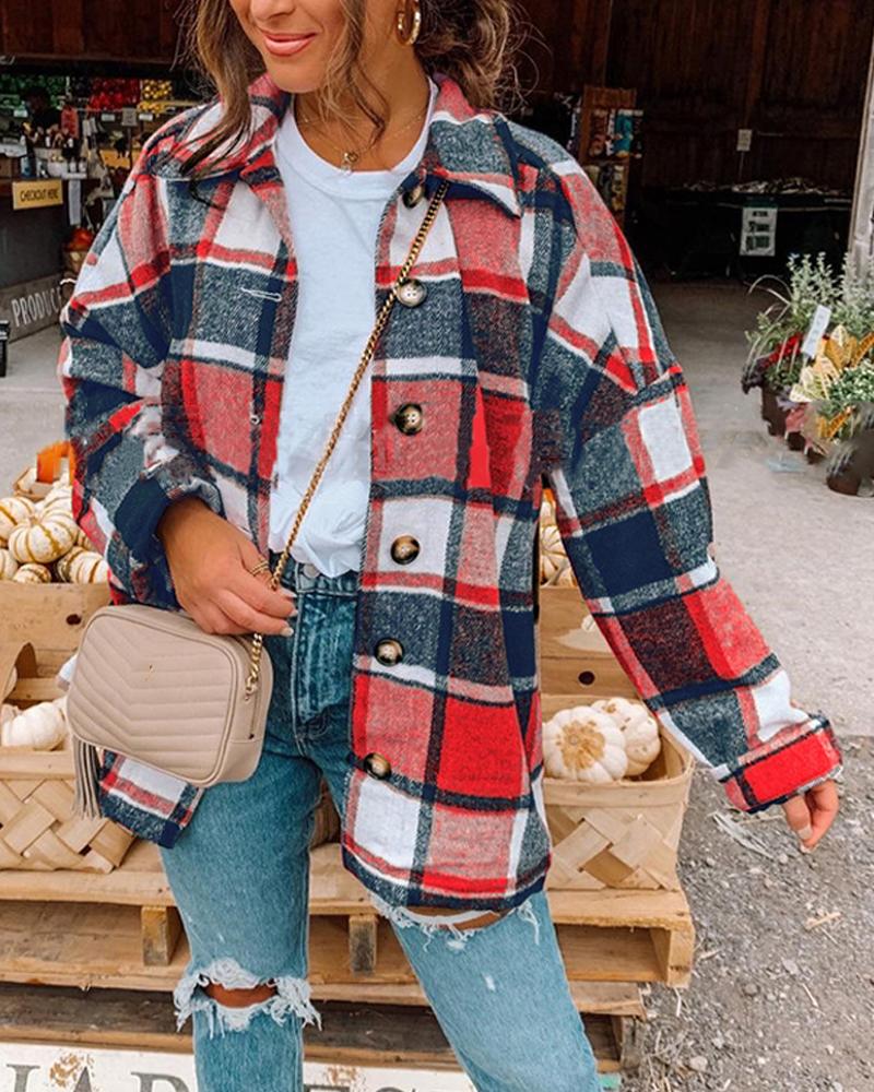 

Big Checked Long Sleeve Loose Blouse Coats, Red