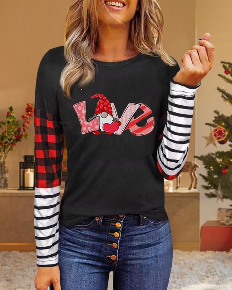 Valentine's Day O-Neck Striped Plaid Heart Letter Print Top