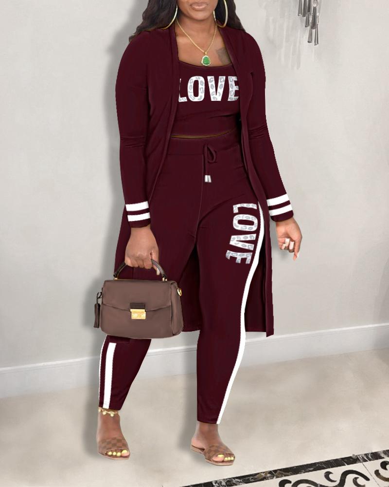 

Plus Size Striped Love Leopard Print Cami Top & Drawstring Pants Set With Coat, Wine red