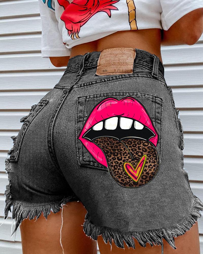 

Solid Color Splicing Leopard Lip Print Denim Short Pants, Black