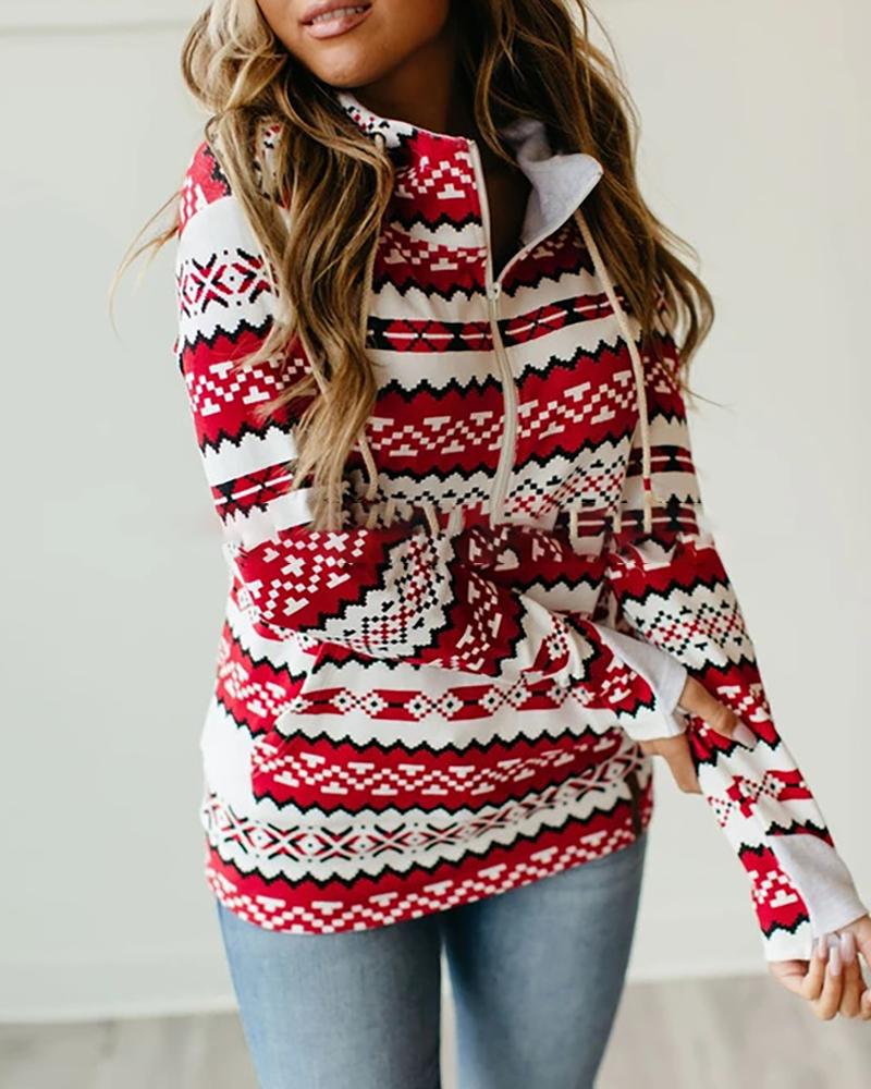 

Christmas Mixed Print Zipper Pocket Design Hoodie, Red