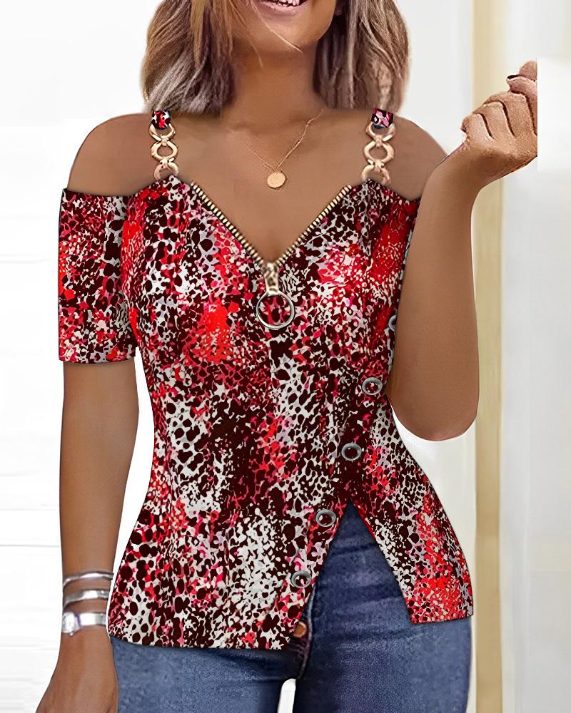 

Leopard Print Zip Detail Split Hem Cold Shoulder Top, Red