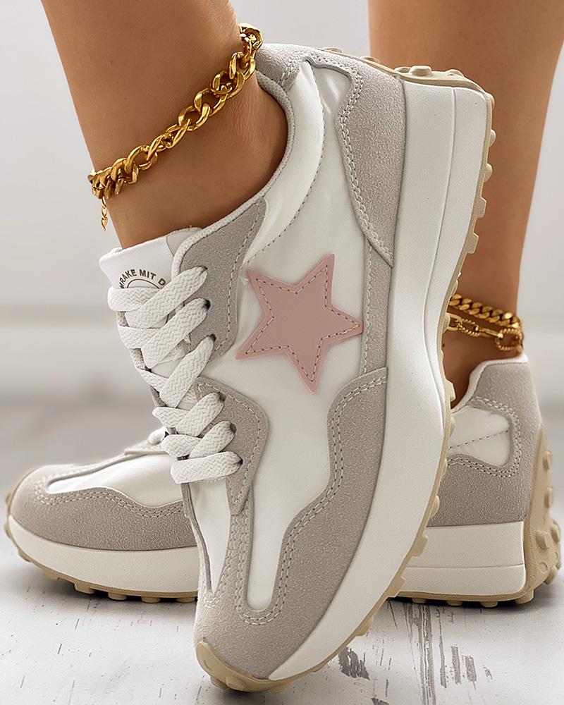 

Colorblock Star Pattern Lace-up Muffin Sneakers, Pink