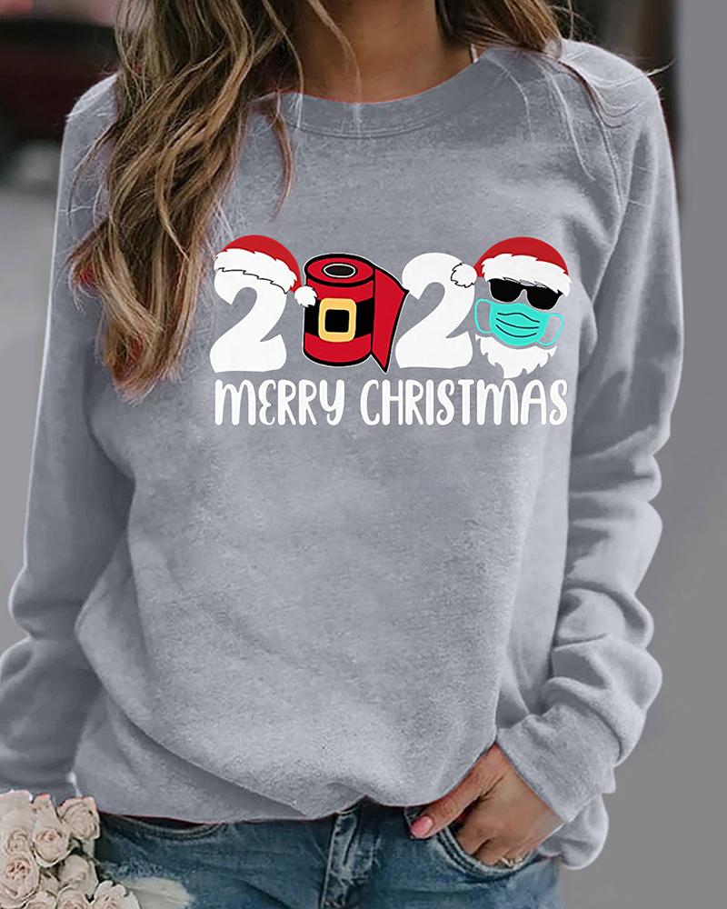 

Christmas Letter Print Long Sleeve Top, Gray