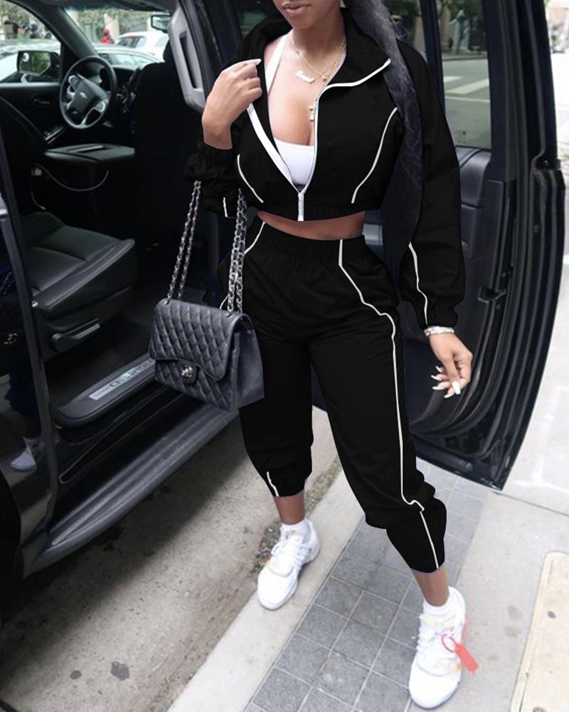 

Colorblock Zipper Design Long Sleeve Crop Top & Pants Set, Black