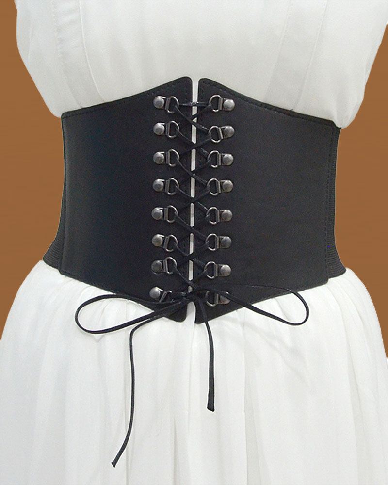 

1pc Studded Lace-up Elastic Corset Belt, Black