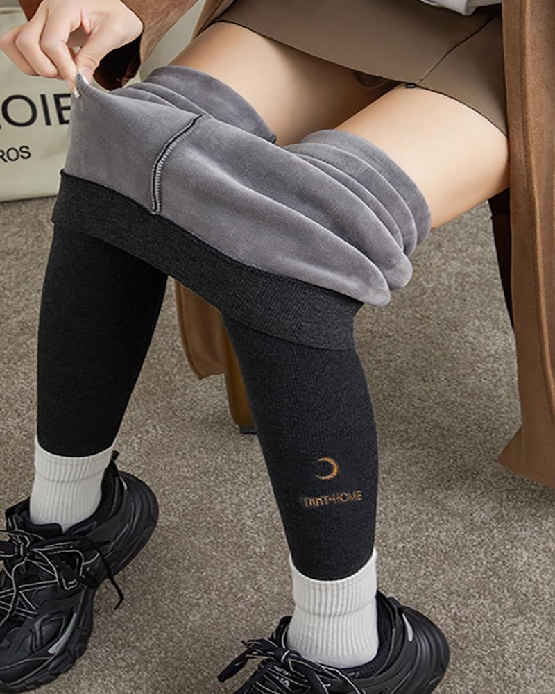 

Moon Letter Embroidery Thermal Lined Leggings, Black