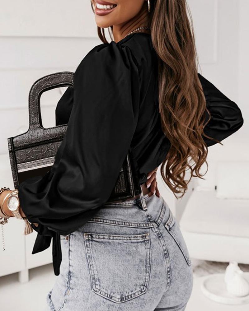 

Tied Deatil Ruched Overlap Satin Top, Black