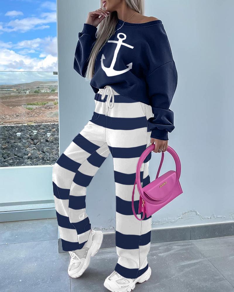 

Anchor Print Sweatshirt & Striped Sweatpants Set, Dark blue