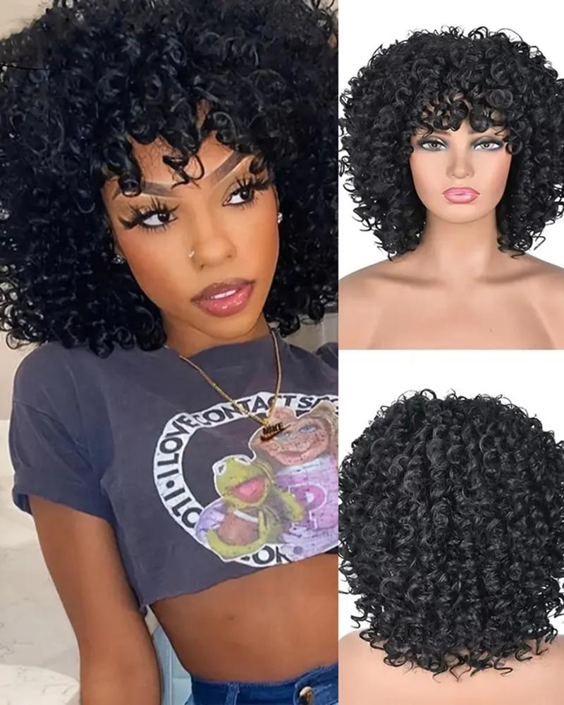 

Short Curly Synthetic Glueless Wigs With Bangs, Black