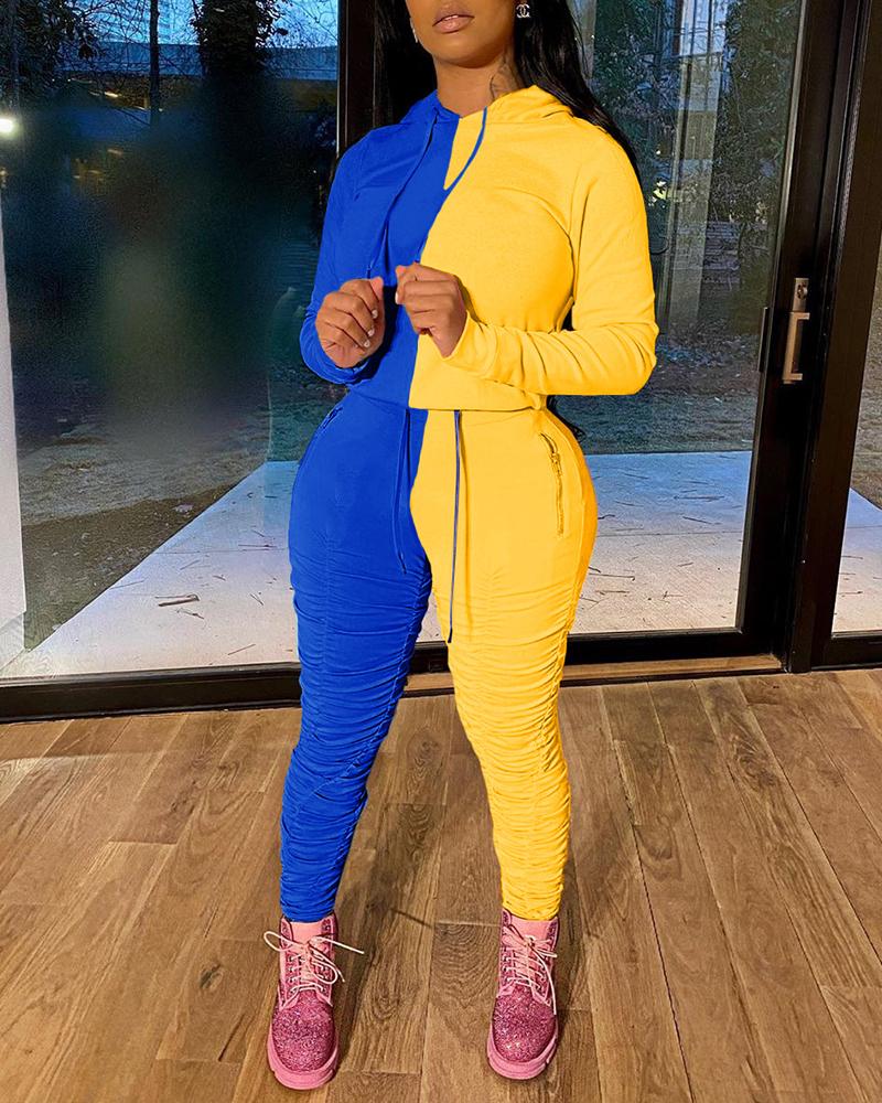 

Colorblock Hooded Top & Ruched Pants Set, Blue