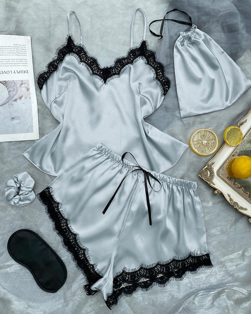 

Contrast Lace Bow Decor Cami Set, Lighted blue