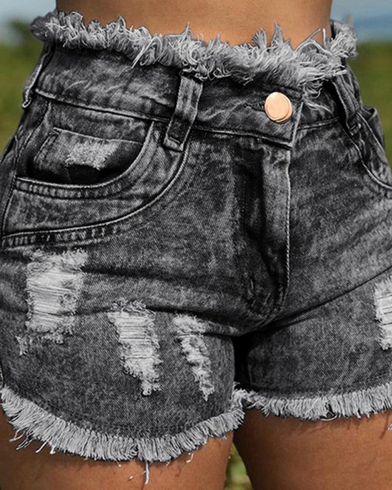 

Ripped Fringe Hem Denim Shorts, Gray
