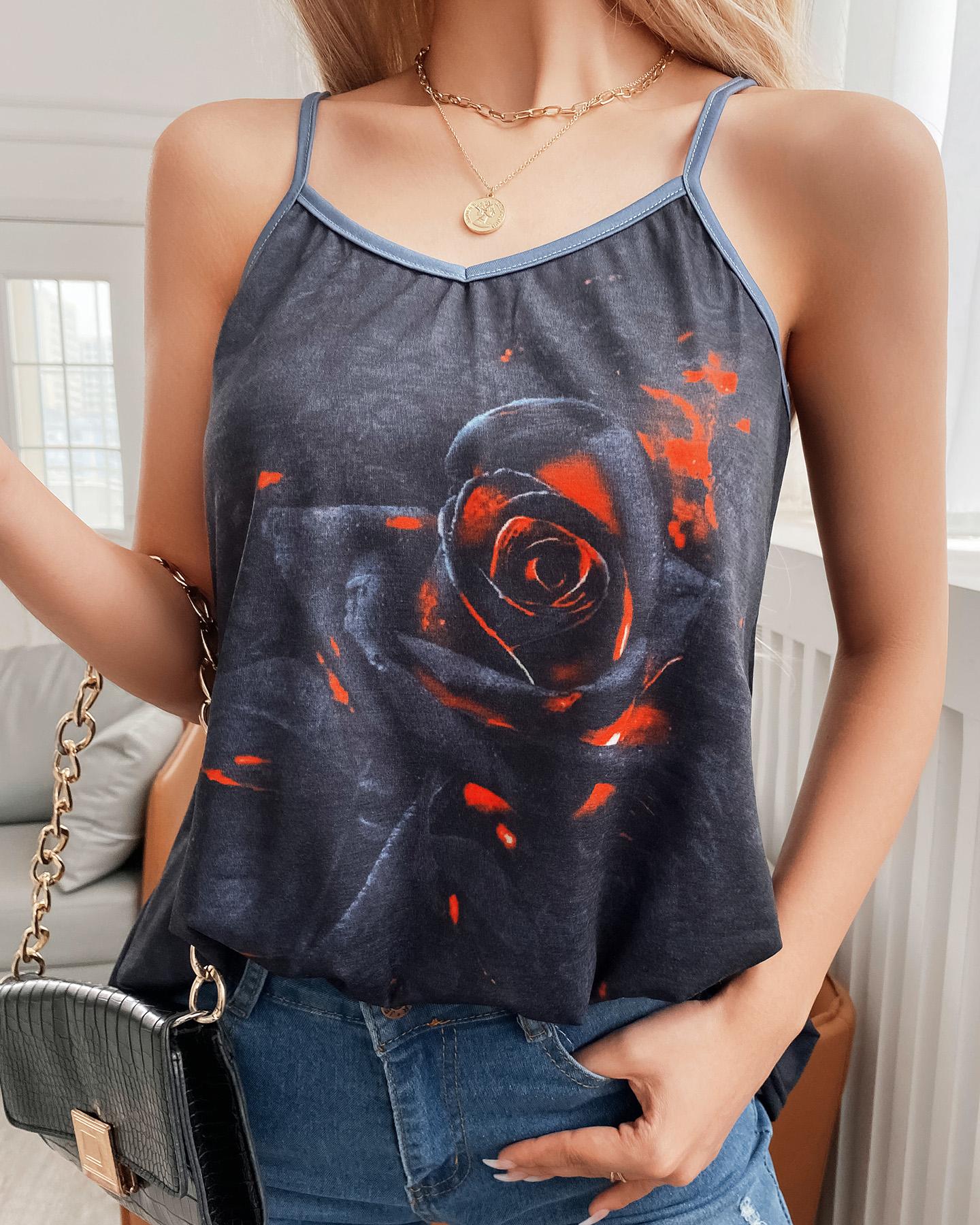 

V Neck Floral Print Thick Strap Sleeveless Top, Black