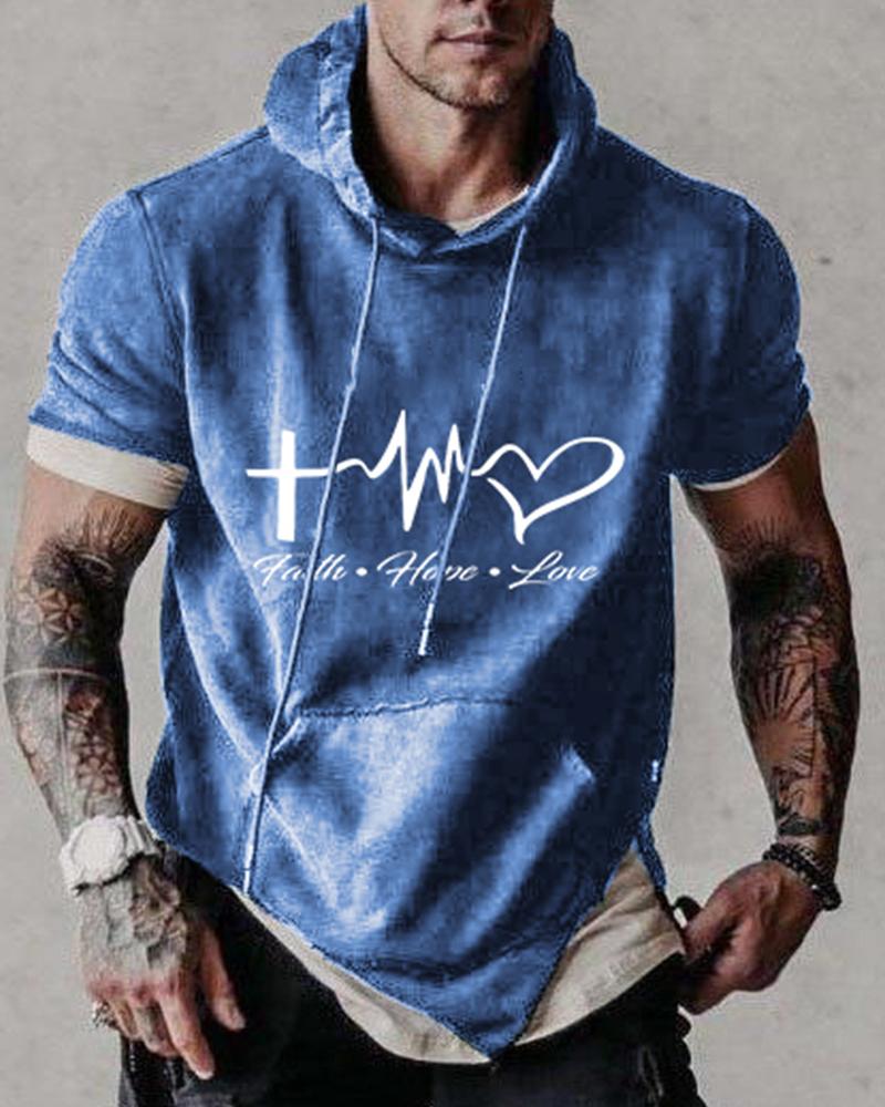 

Letter Print Short Sleeve Hooded Sweatshirts, Blue