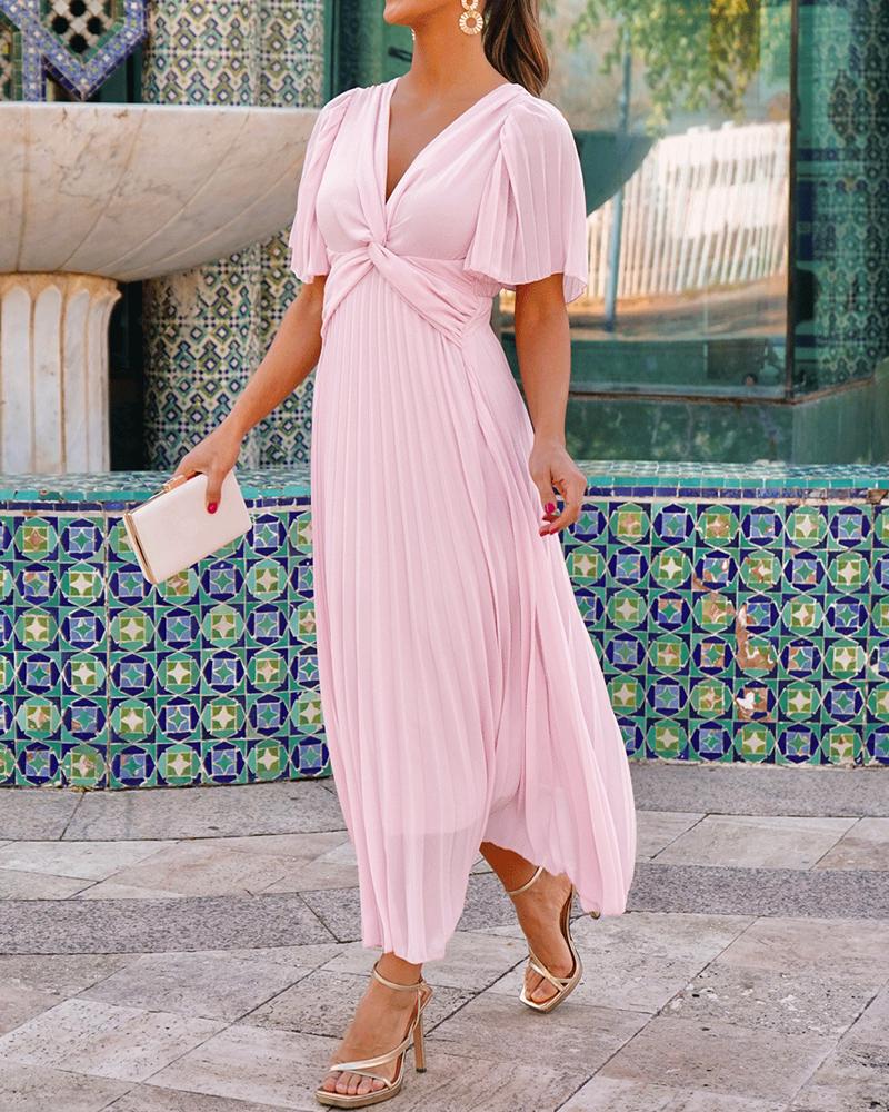 

Vestido midi informal con escote en V y mangas abullonadas, corte A y plisado, Light pink