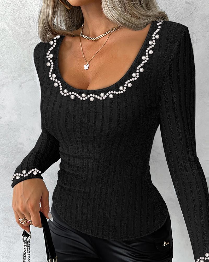 

Beaded Scoop Neck Long Sleeve Ribbed Top, Black