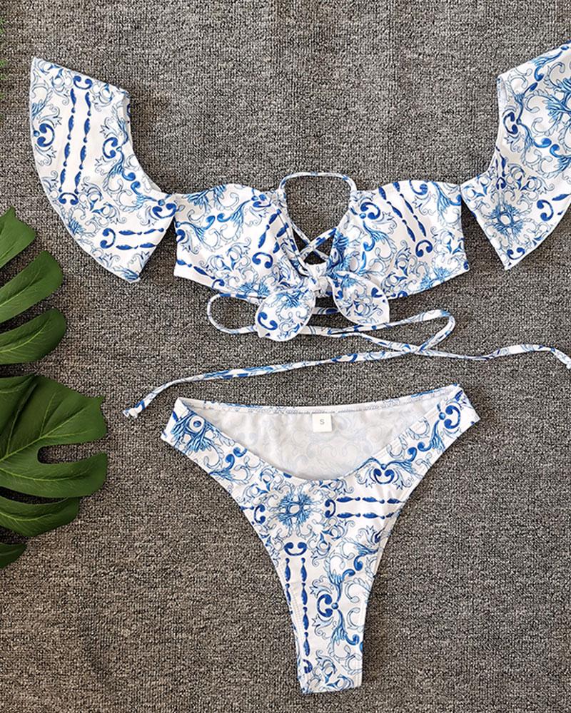 

Baroque Print Tied Detail Bikini Set, White