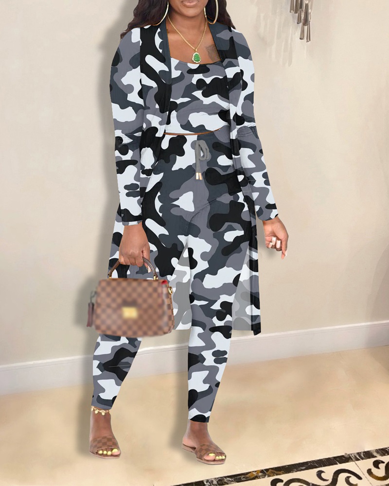 

3PCS Camp Print Ribbed Cami Top & Pants Set With Longline Coat, Gray
