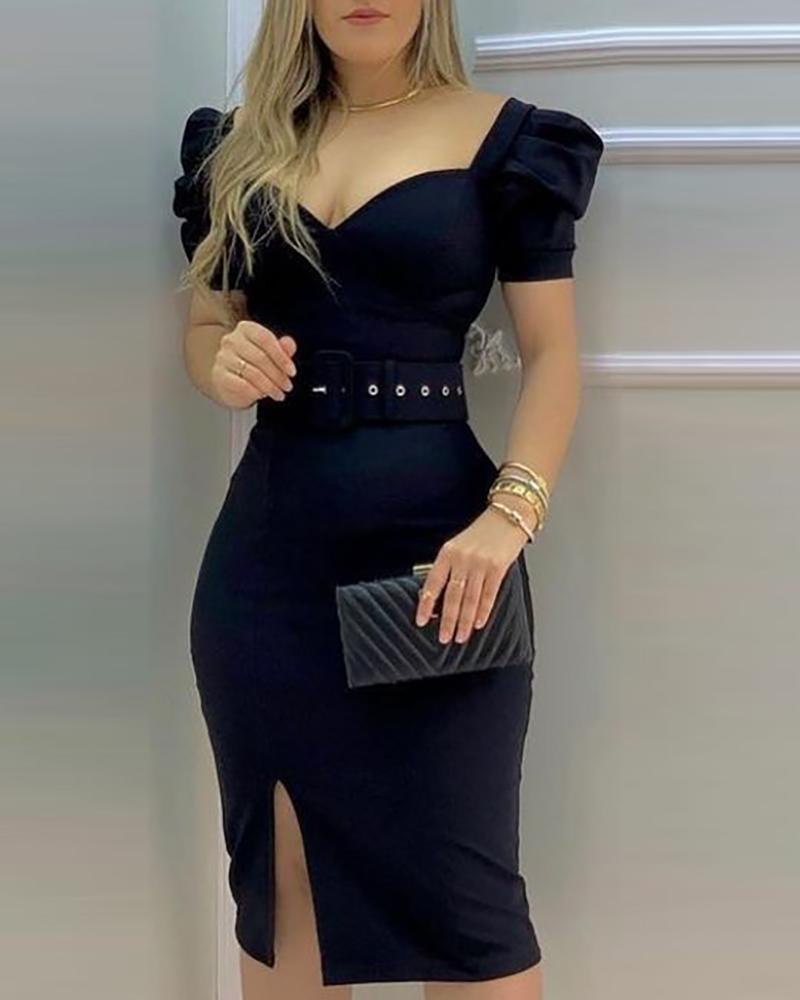 

Puff Sleeve Slit Midi Dress, Black