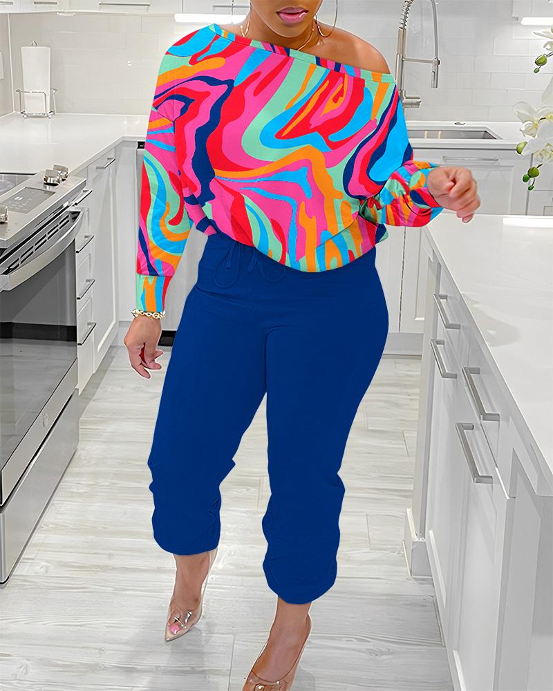 

Multi-Color Abstract Print Skew Neck Top & Pants Set, Blue