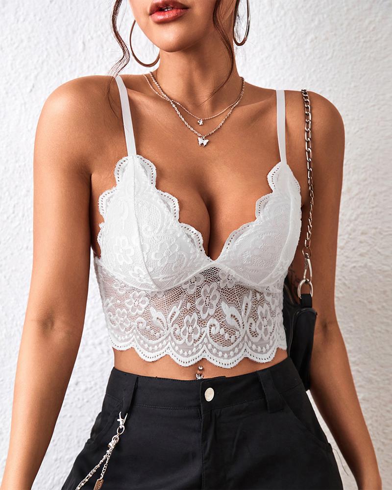 

Deep V-Neck Lace Crop Cami Top, White