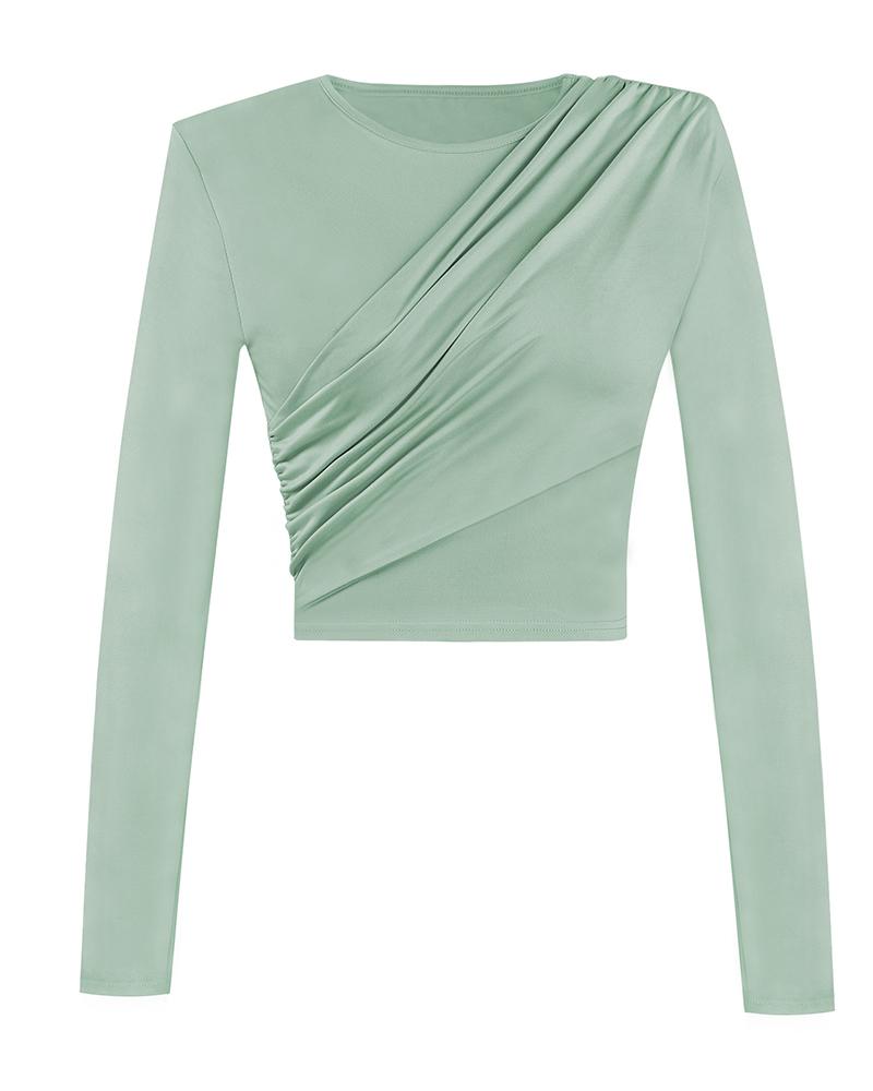

Ruched Padded Shoulder Long Sleeve Skinny Top, Green