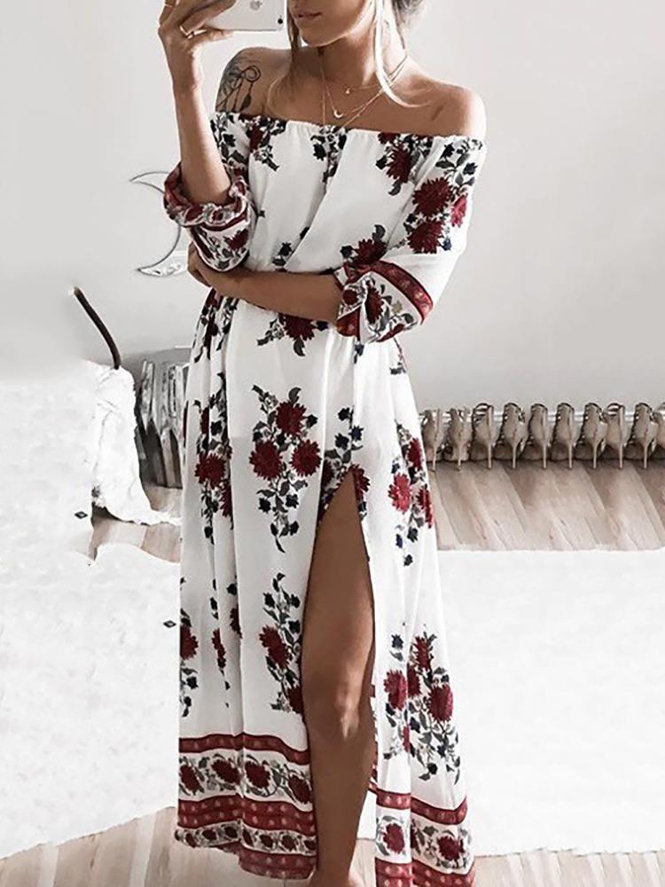 

Sexy Floral Print Side Slit Maxi Dress, White