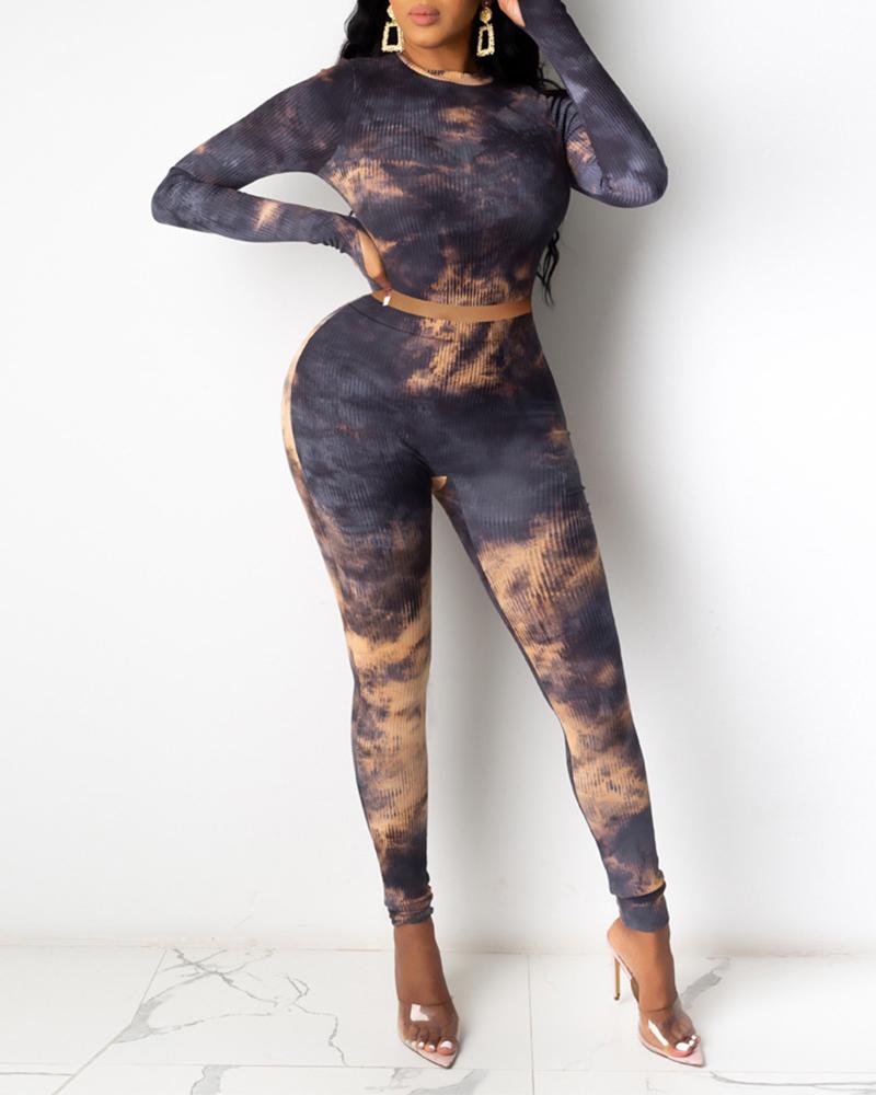 

Tie Dye Print Ribbed Long Sleeve Top & Fitted Pants Set, Black