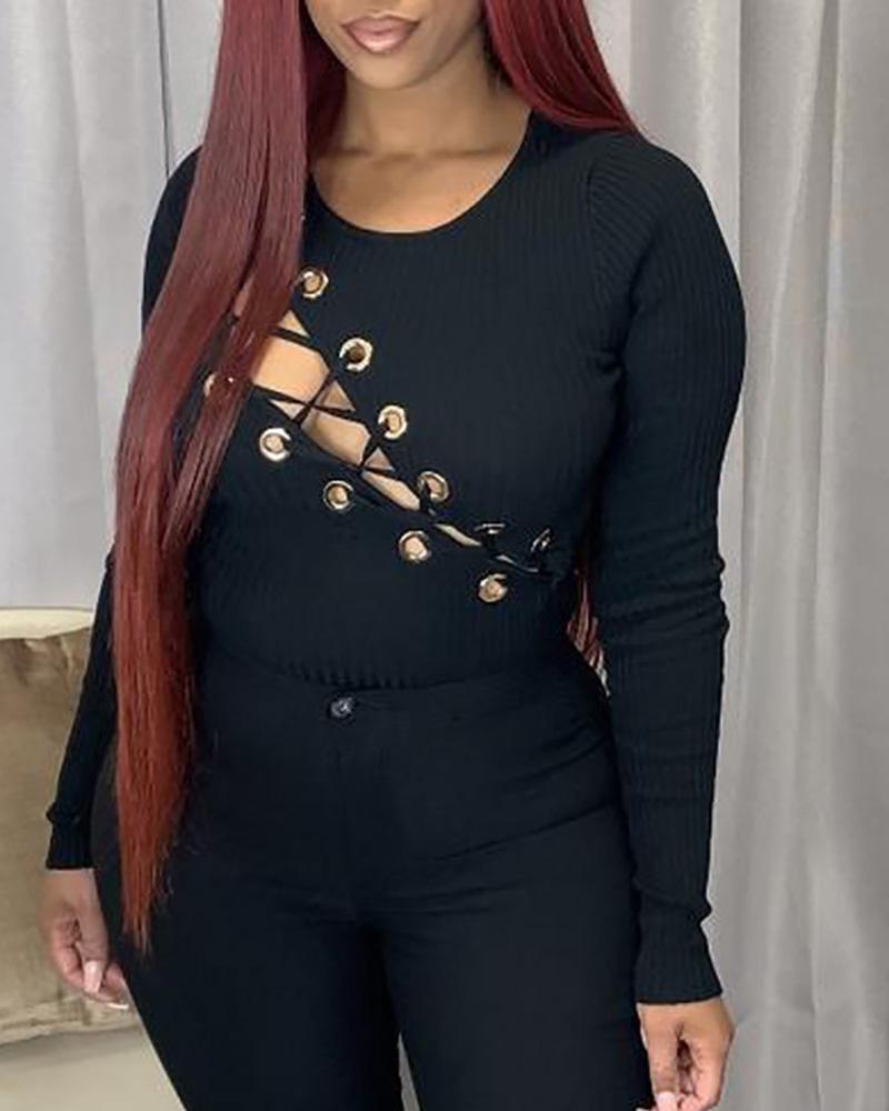 

Plain Eyelet Lace Up Top, Black