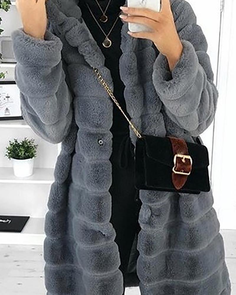 

Pocket Deign Long Sleeve Hooded Fuzzy Coat, Dark grey