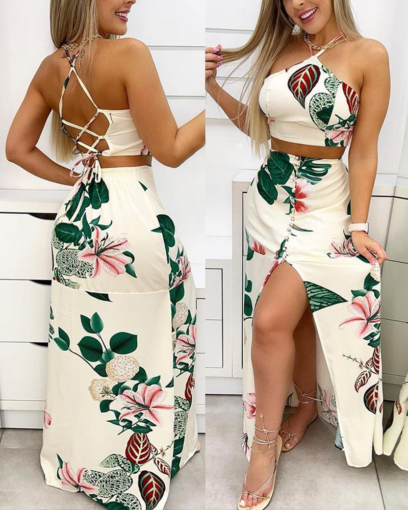 

Plants Print Lace-up Backless Crop Top & Split Thigh Skirt Set, Multicolor