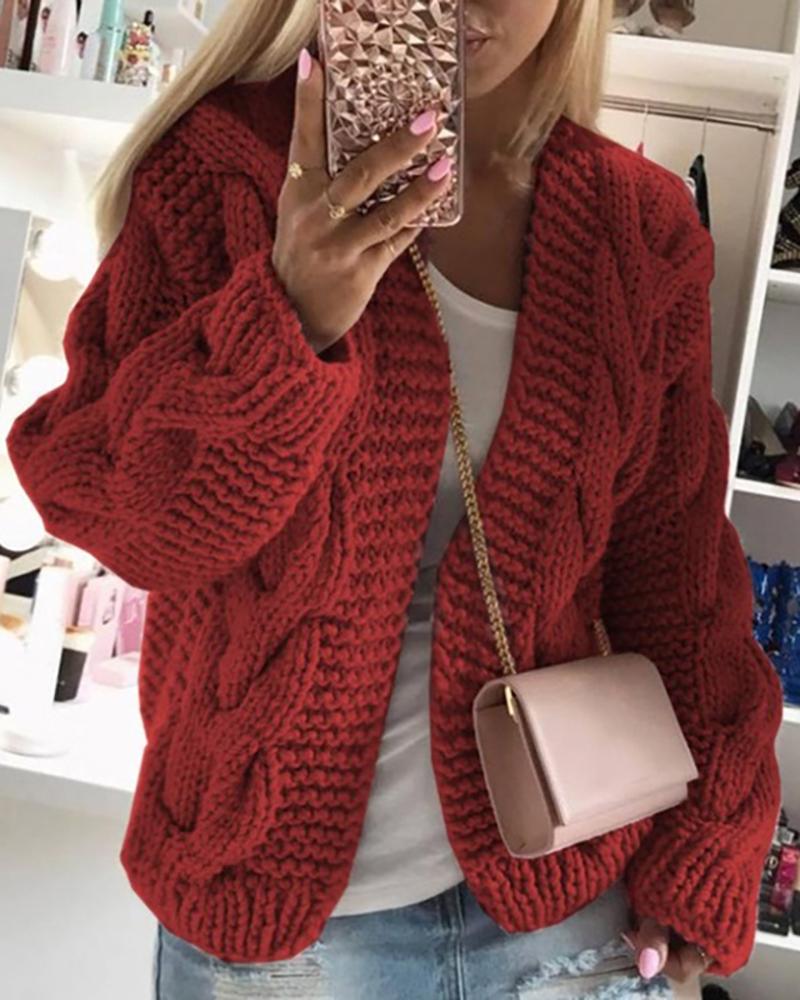 

Long Sleeve Braided Knit Casual Cardigan, Hot pink