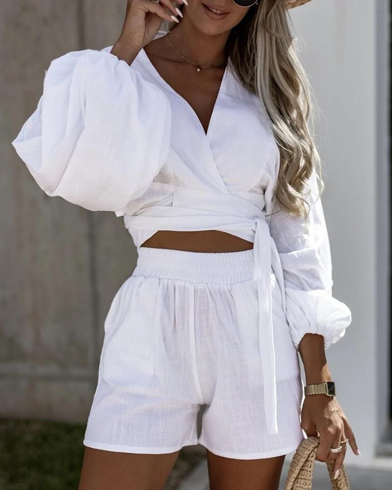 

Lantern Sleeve Top & High Waist Shorts Set, White