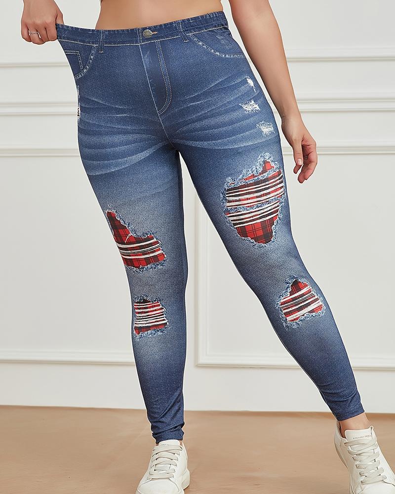 

Plus Size Women's Faux Denim Printed High Waist Leggings, Blue