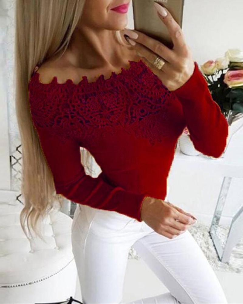 

Off Shoulder Lace Trim Top, Wine red