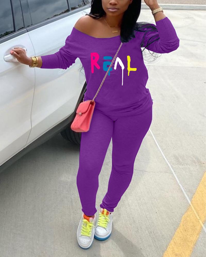 

Letter Print Long Sleeve Top & Pants Set, Purple