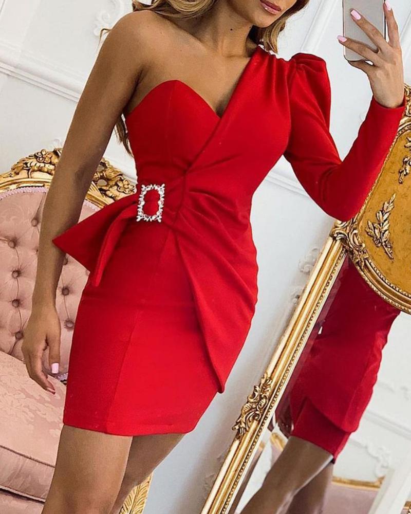 

One Shoulder Puff Sleeve Party Dress, Red