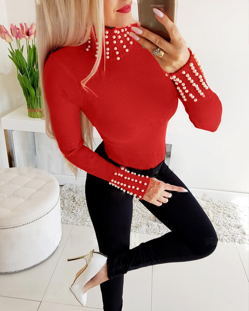 

Beaded Decor High Neck Sweater, Red