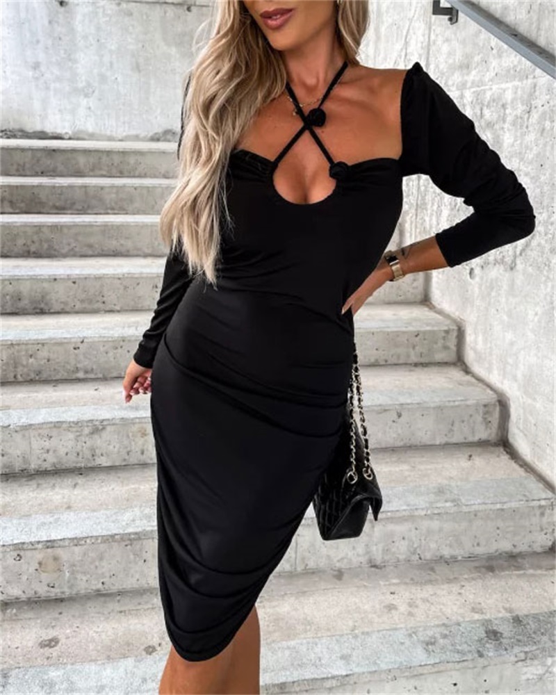 

Long Sleeve Halter Ruched Bodycon Dress, Black