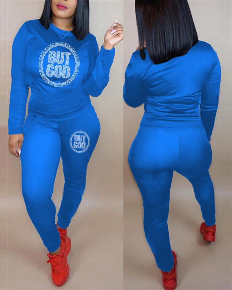 

Rhinestone Letter Pattern Long Sleeve Top & Pants Set, Blue