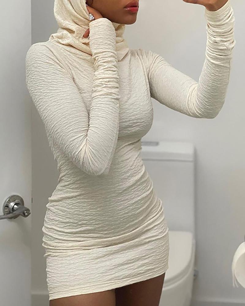 

Long Sleeve Ruched Hooded Bodycon Dress, White