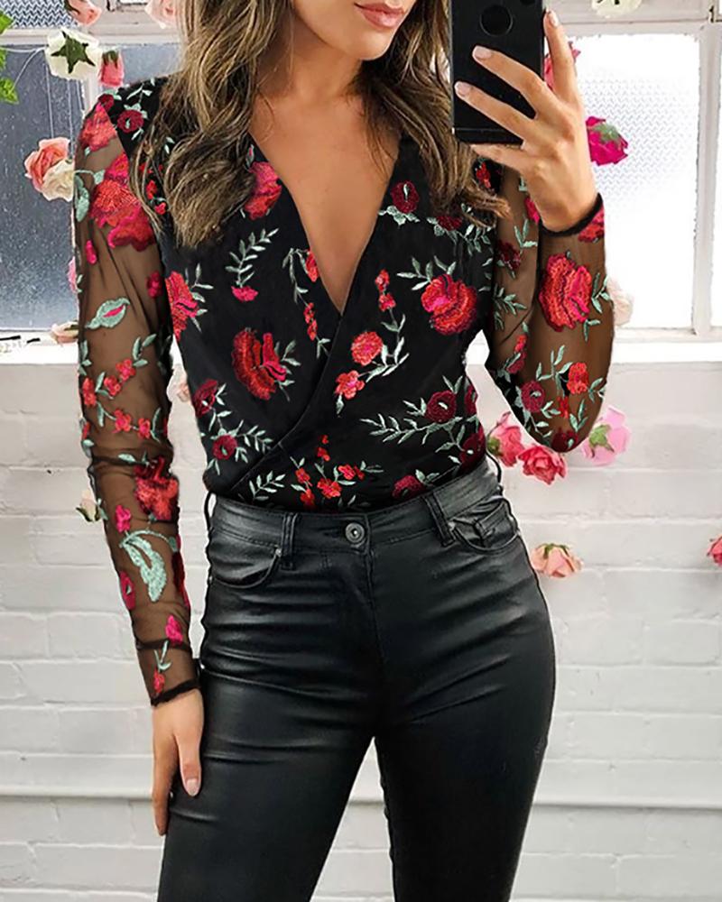 

Floral Embroidery Sheer Mesh Plunge Top, Black