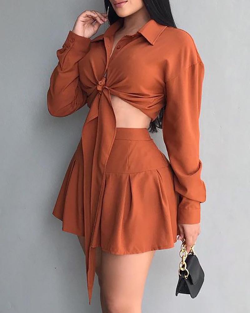 

Long Sleeve Buttoned Tied Detail Top & Pleated Skirt Set, Brown