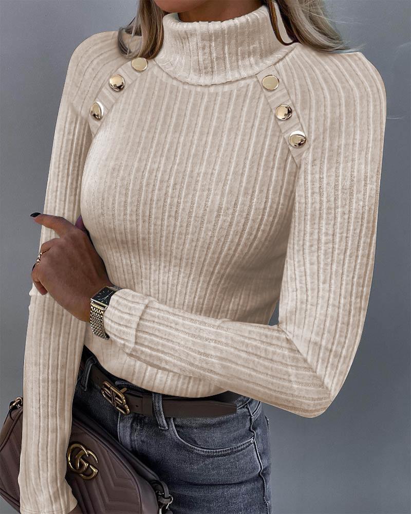 

High Neck Buttoned Ribbed Top, Apricot