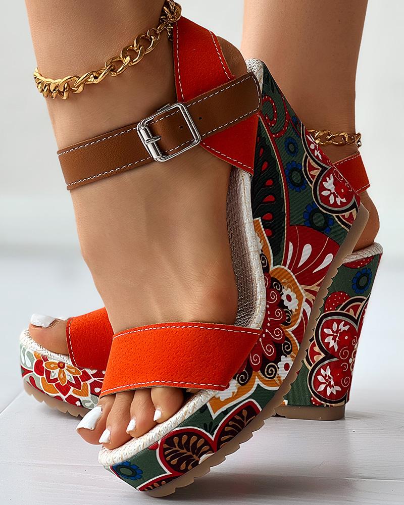 

Peep Toe Floral Print Slingback Wedge Sandals, Orange