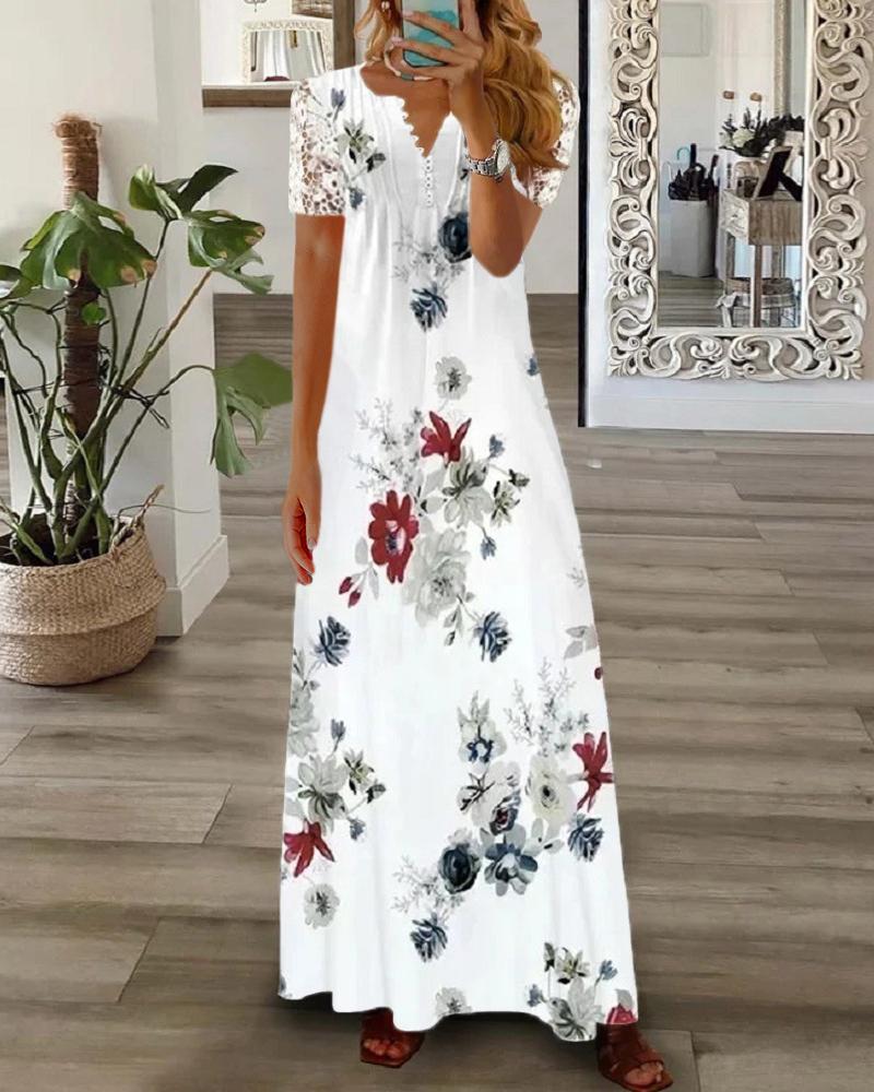 

Floral Print Short Sleeve Lace Patch Maxi Dress, White