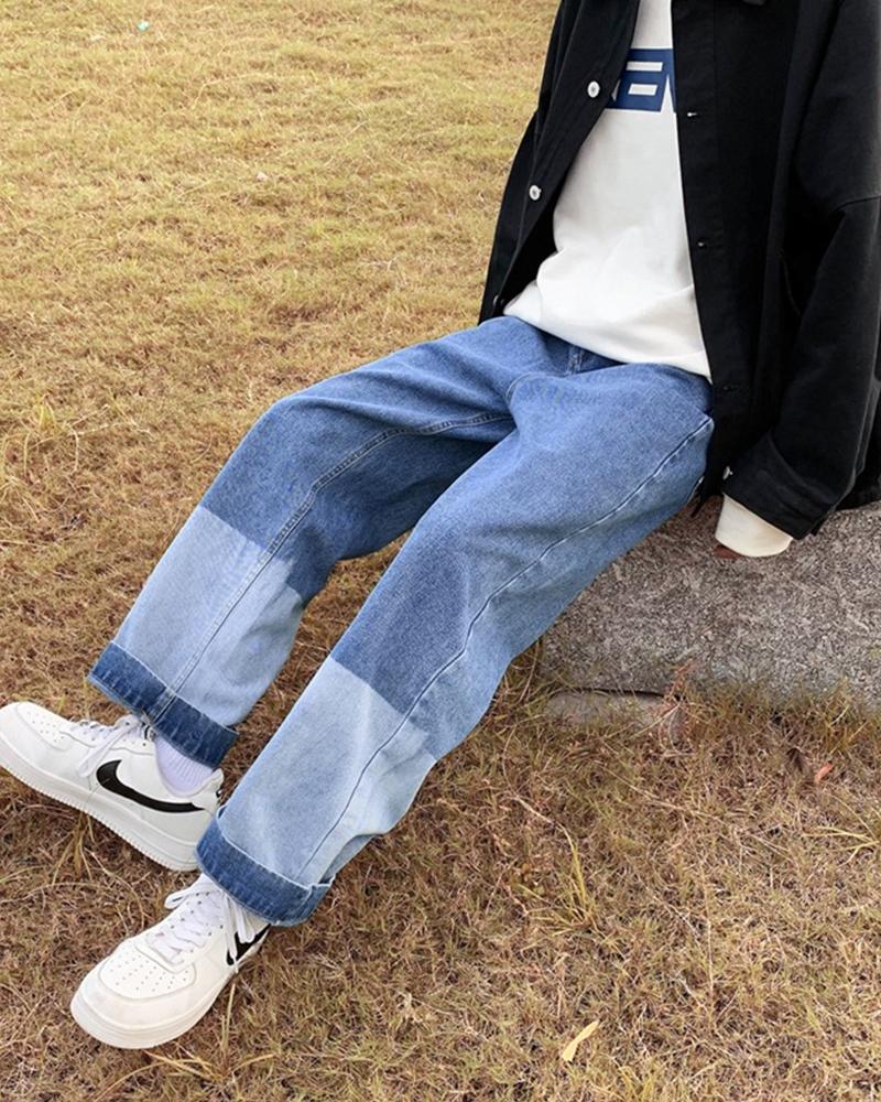 

Patchwork Loose Wide Leg Denim Pants, Blue
