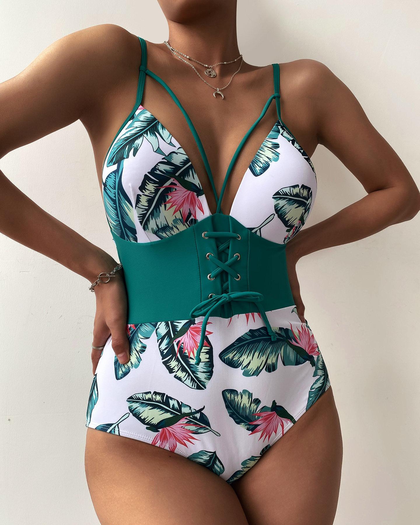 

Tropical Print Eyelet Lace-up Cutout One Piece Swimsuit, Green